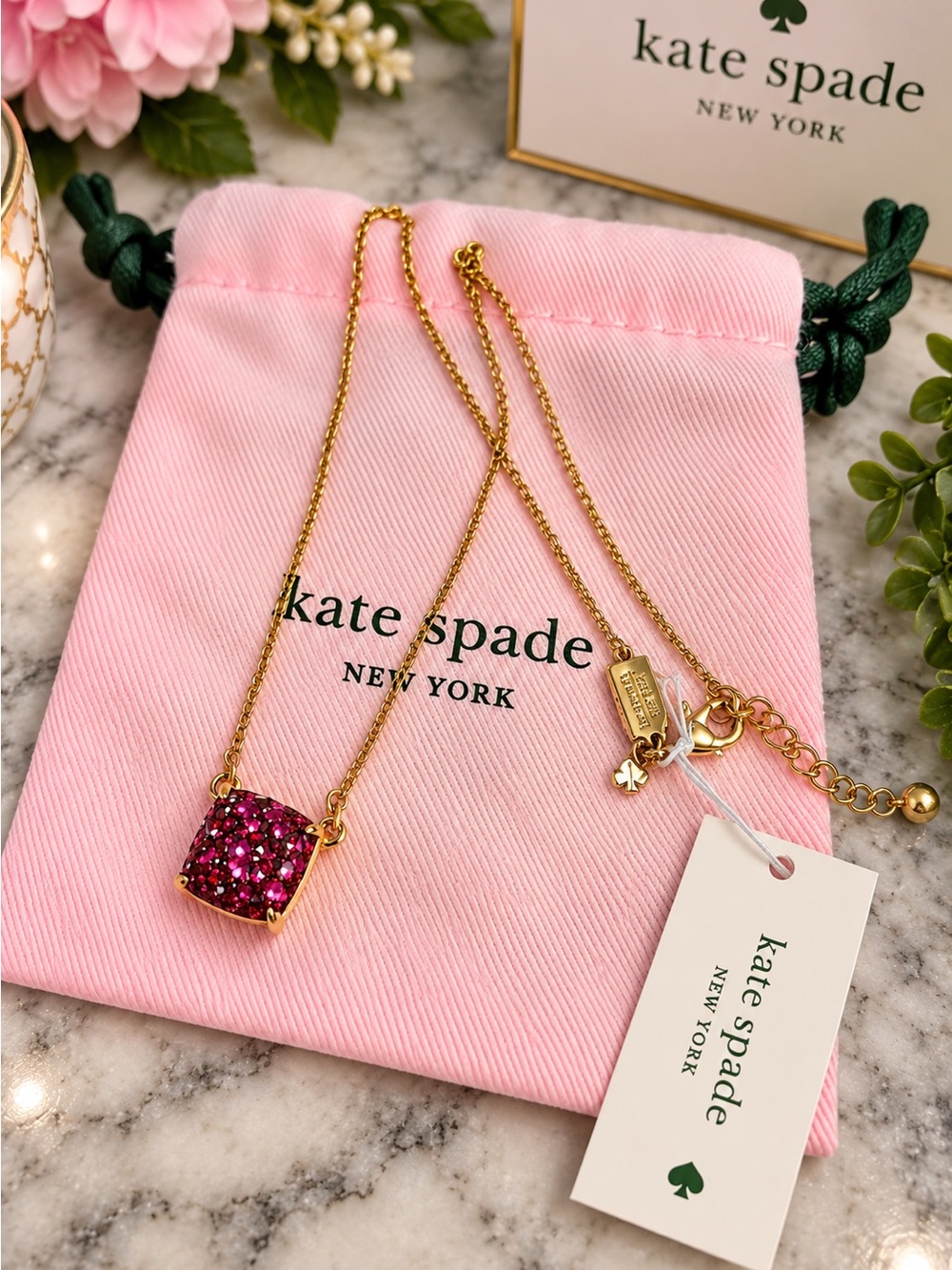kate spade Gold-Tone Necklace with Fuchsia Crystal Cube